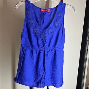 Elle Royal Blue V-Neck Sleeveless Tank with Floral Stitch Detail